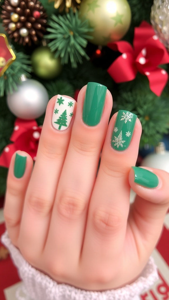 A close-up of festive green Christmas nails with snowflakes and glitter designs.